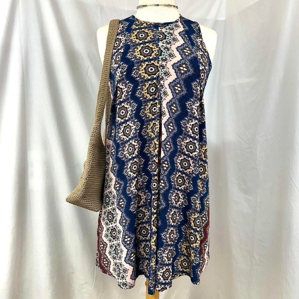 2000s BCBGMAXAZRIA Multicolor Patterned Sleeveless Mini‎ Swing Dress Sz XXS Boho